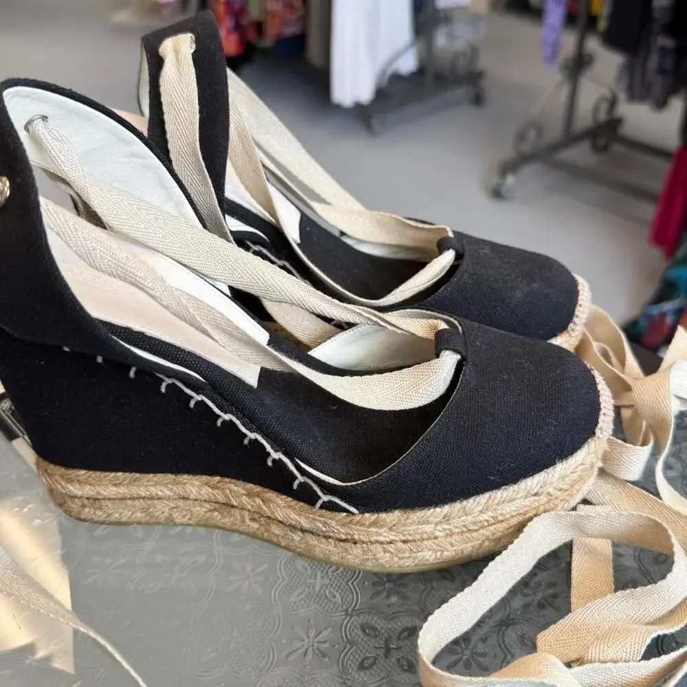 Ralph Lauren Collection Black Canvas Wedges Sz 6.5